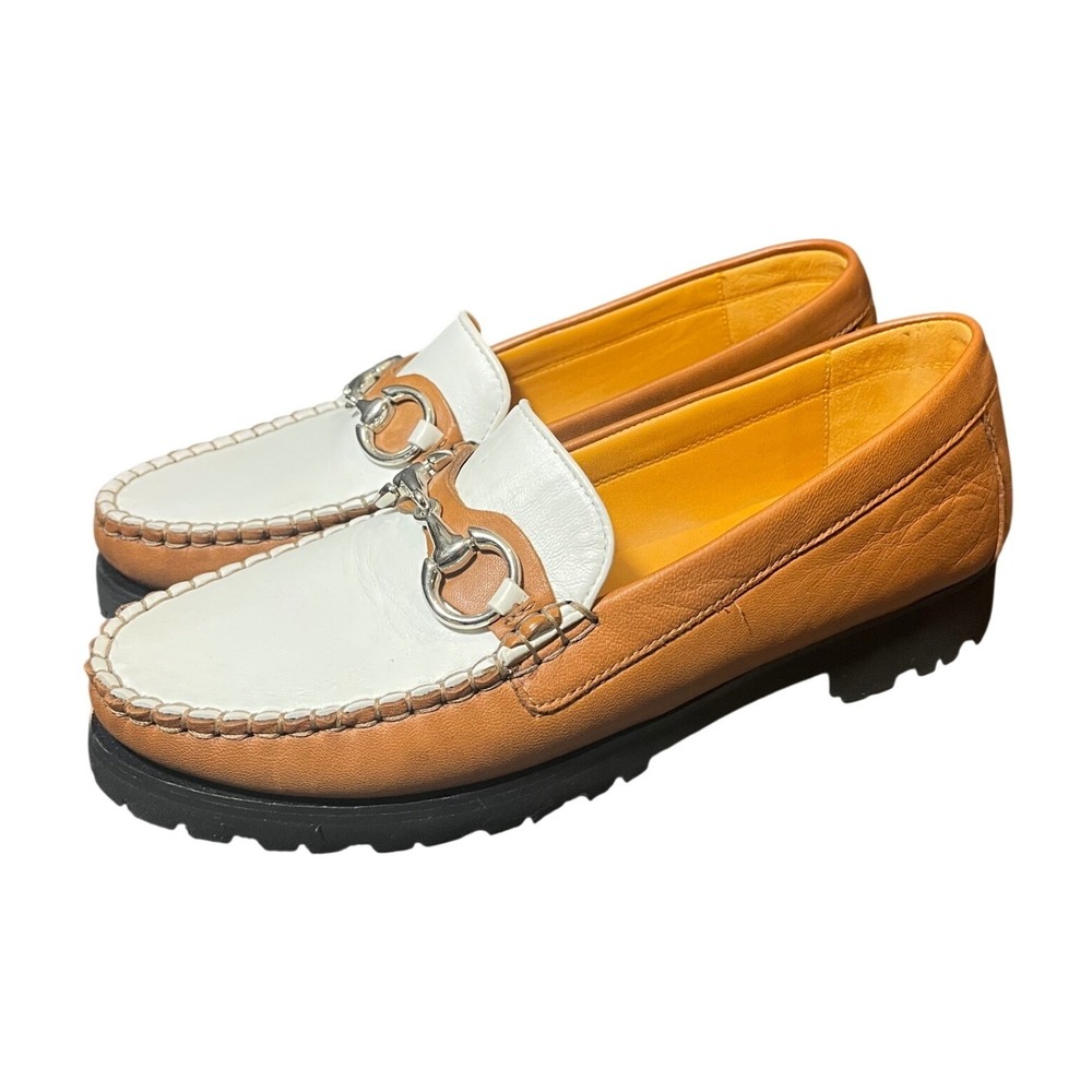 Robert Zur Loafers Womens 8.5M Tan White Bit Detail Vibram Lug Sole Leather